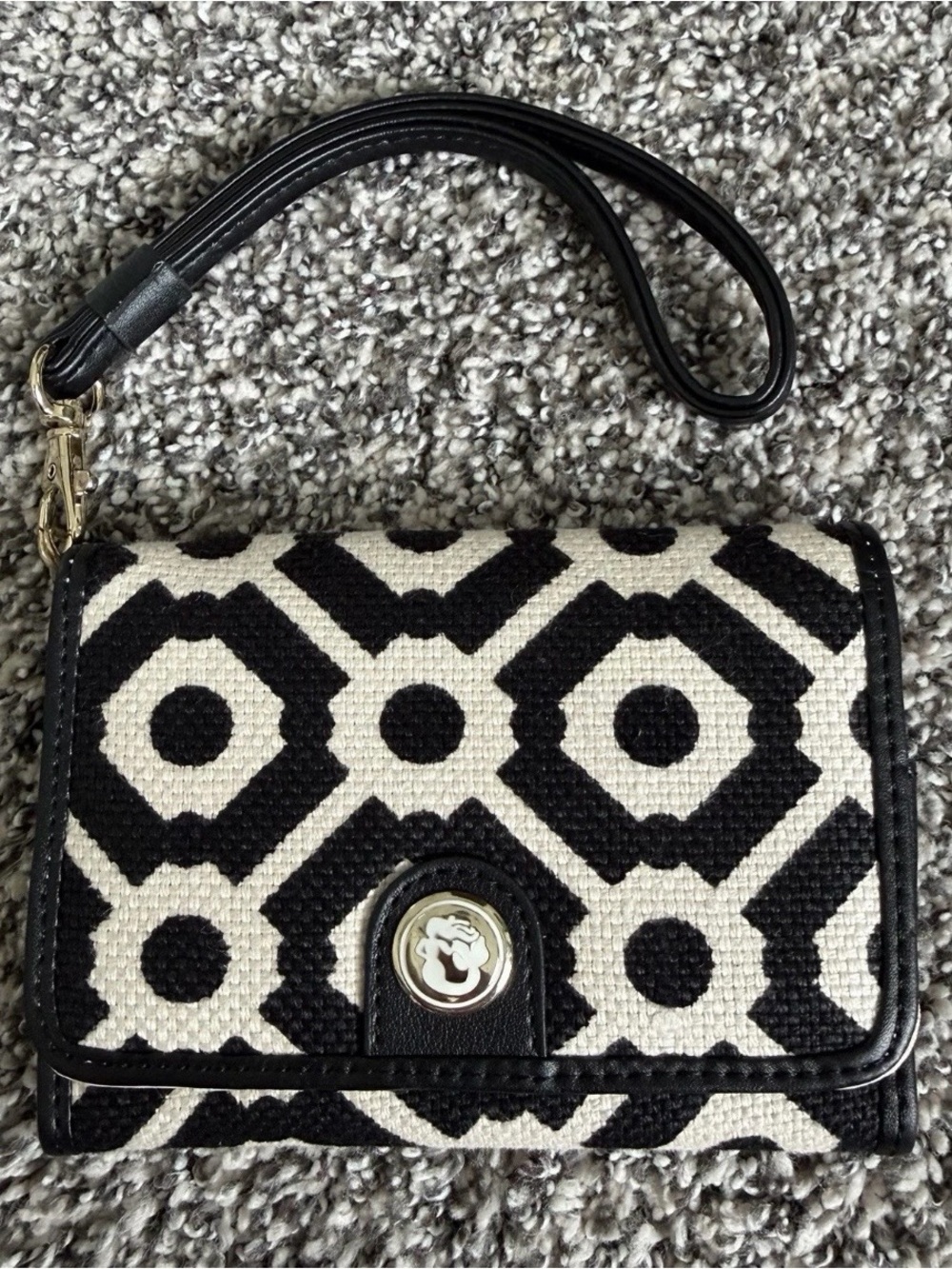 Spartina 449 Wristlet Wallet Black White Linen Leather ID Card Case